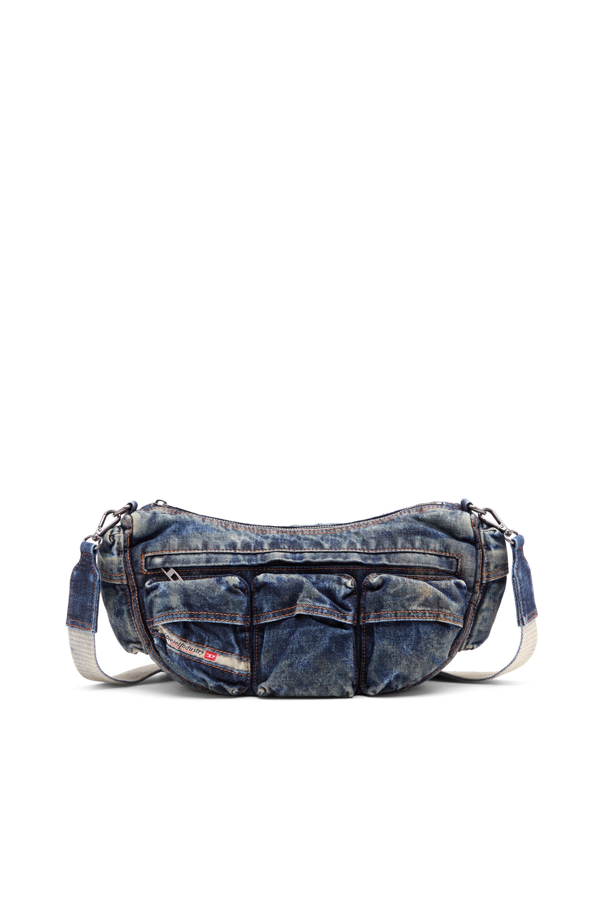 Diesel - RE-EDITION TRAVEL 3000 SHOULDER BAG X, Unisex Travel 3000-Multipocket-Tasche aus behandeltem Denim in Blau - 1