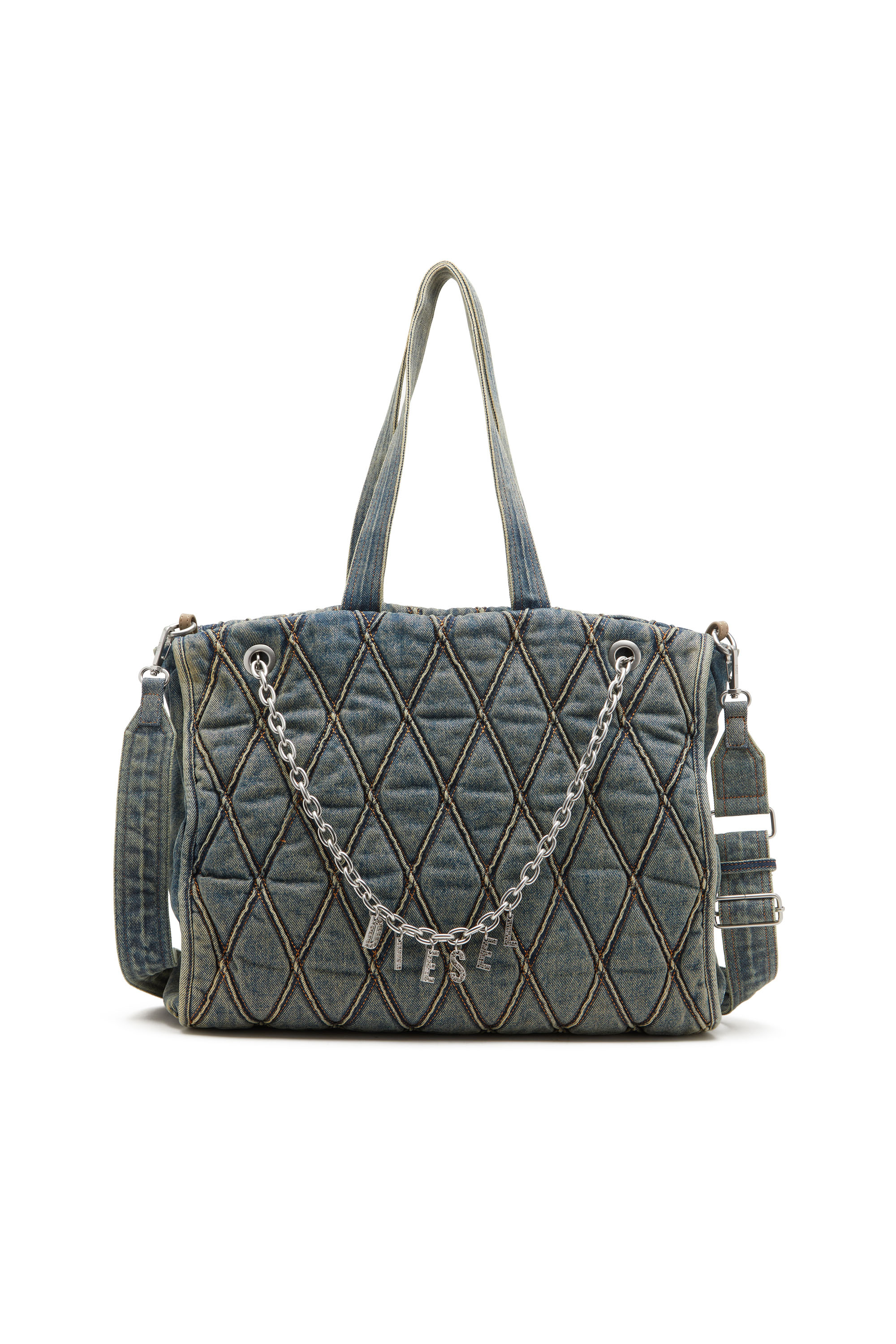 Diesel - CHARM-D SHOPPER, Damen Charm-D-Tote-Tasche aus gestepptem Argyle-Denim in Blau - 1